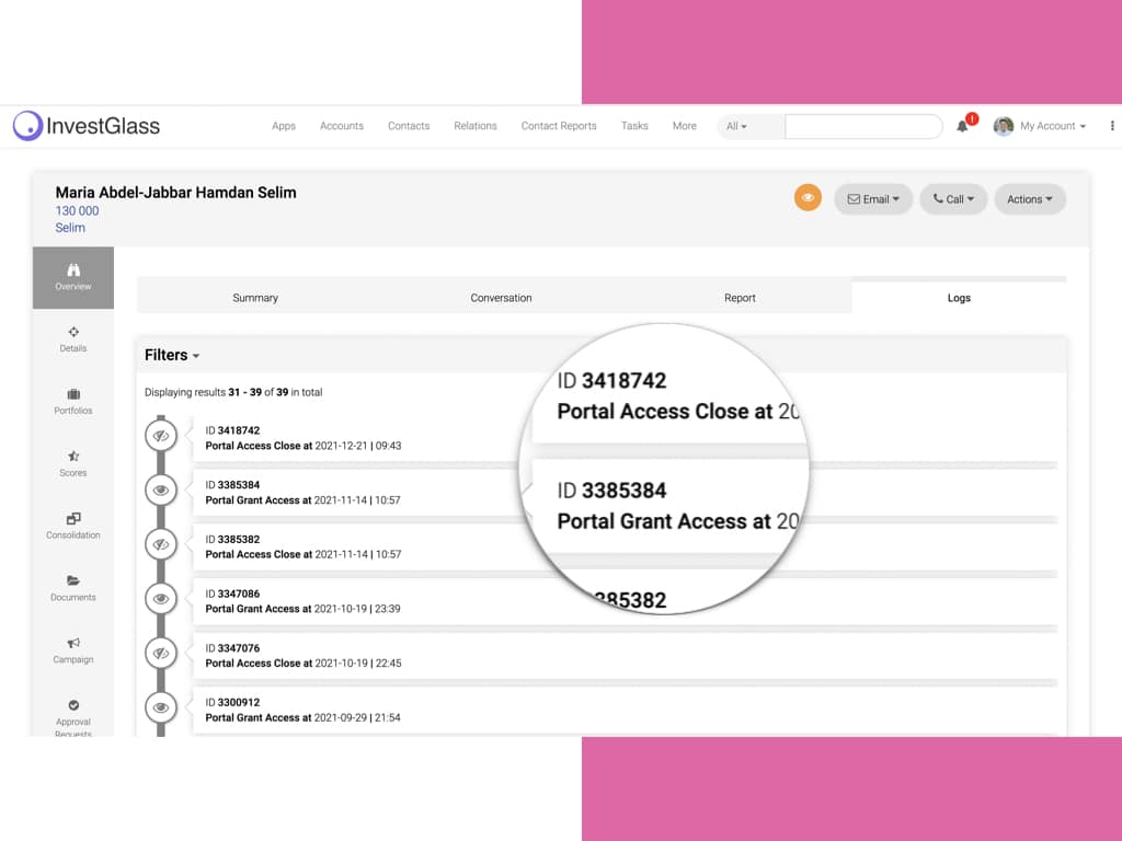 Investglass Client Portal Logs