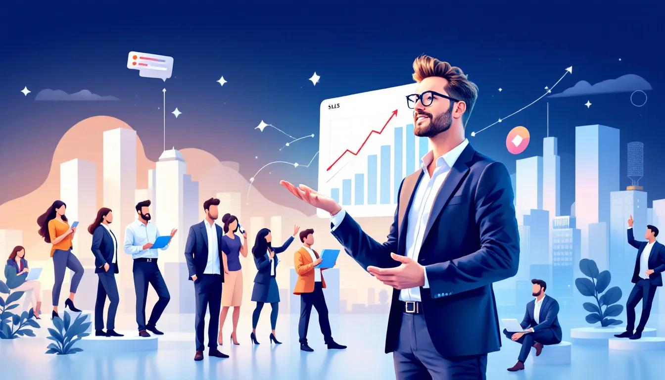 An illustration representing sales management meaning with a sales manager leading a team.