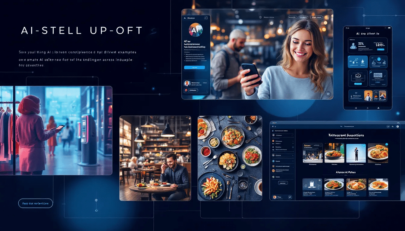 A collage of real-world examples showcasing AI-driven upselling in various industries.