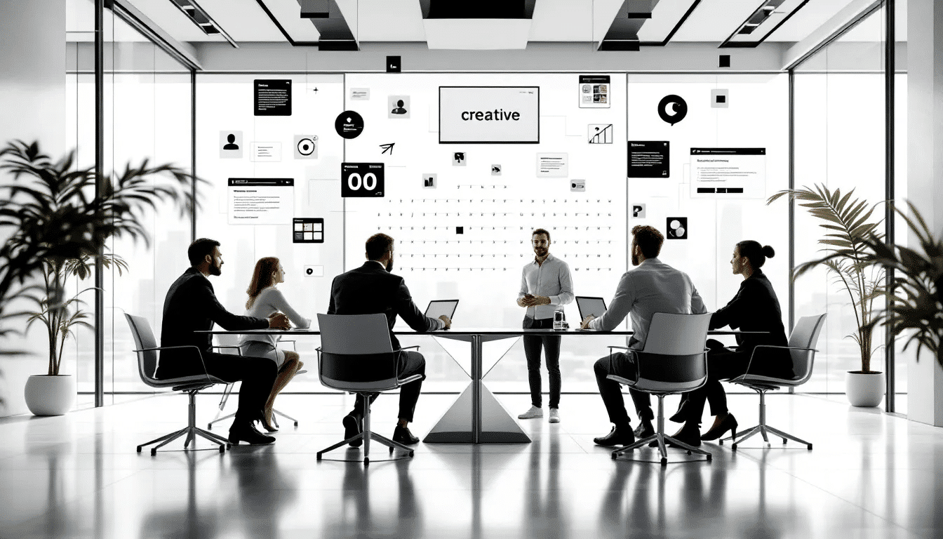 A team working together on a creative brief, enhancing team alignment for a successful project.