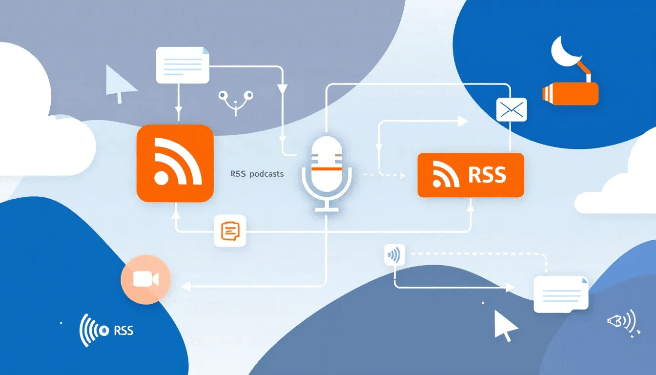 An illustration showing the integration of RSS feeds with podcasts, featuring podcast icons and RSS symbols.