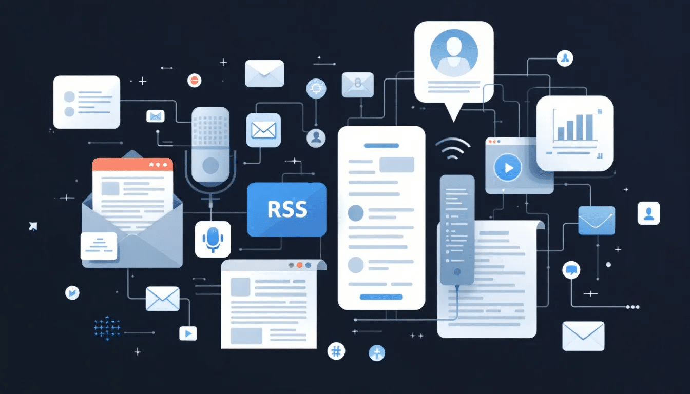 A collage of different practical uses for RSS feeds, including blogs, news articles, and podcasts.