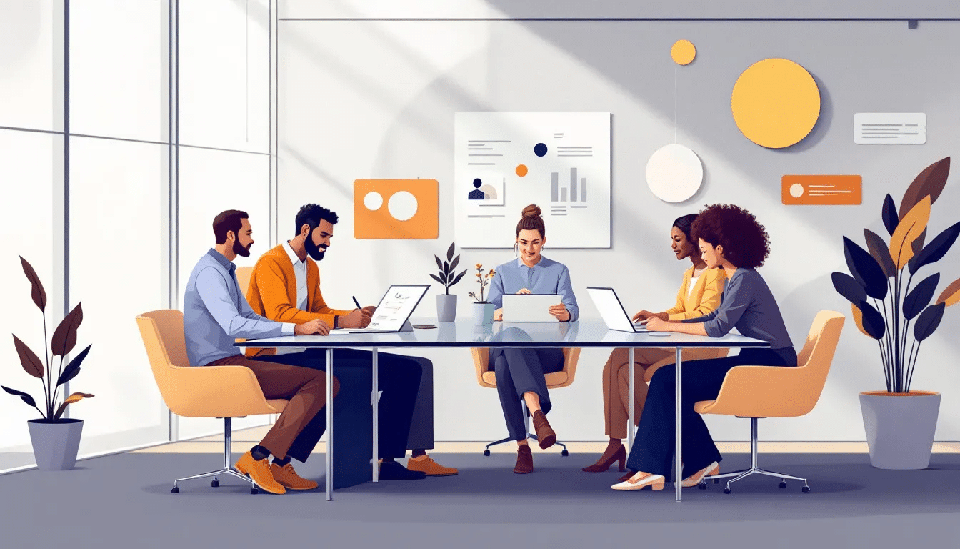 An illustration of a creative team collaborating on a project, showcasing the creative process.