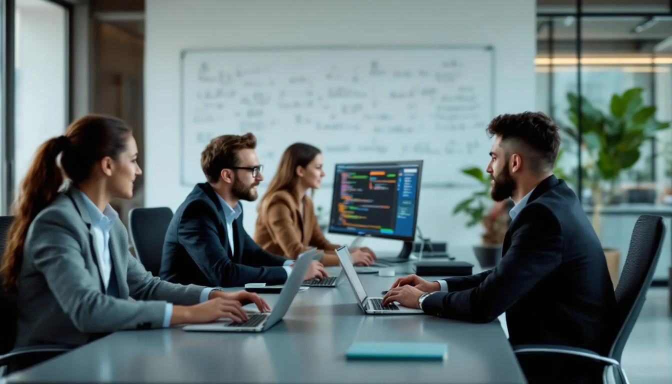 The image depicts a group of entrepreneurs collaborating on financial technology development in a modern office environment, showcasing their focus on creating innovative solutions for wealth management firms. They are engaged in discussions about client data and investment strategies, emphasizing the role of financial technology in enhancing client interactions and improving efficiency within the financial services industry.