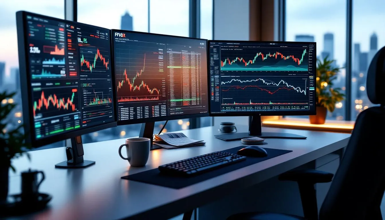 The image depicts an advanced trading setup featuring multiple monitors, each displaying various market data and trading interfaces for forex trading and cryptocurrency exchanges. This high-tech environment is designed for experienced traders to conduct market research and analyze price movements in the forex markets and digital assets.