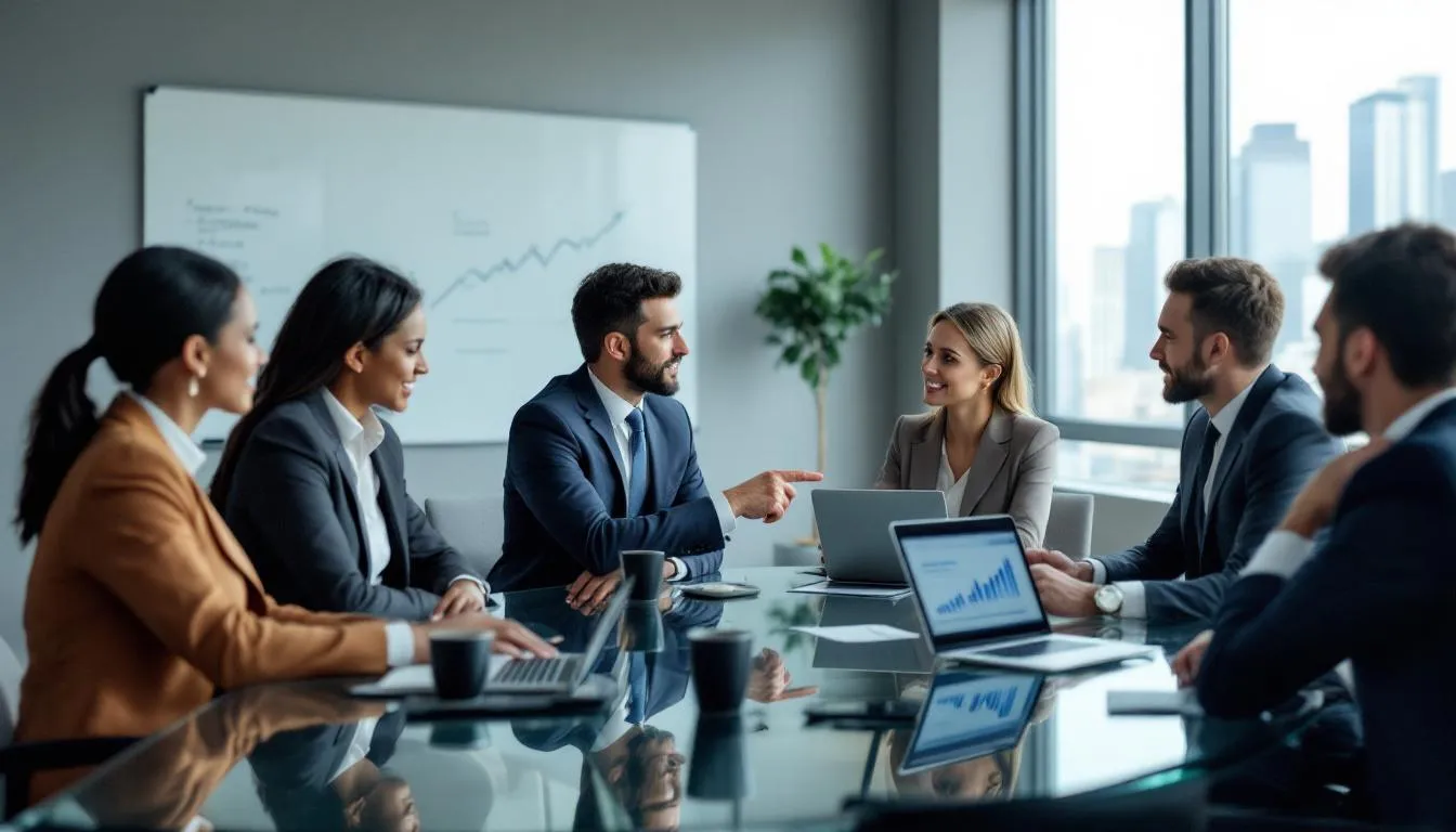 A group of business professionals is gathered in a conference room, engaged in a discussion about funding strategies relevant to wealth management firms. They are analyzing client data and investment opportunities, focusing on enhancing client interactions and ensuring compliance with regulatory requirements in the financial services industry.