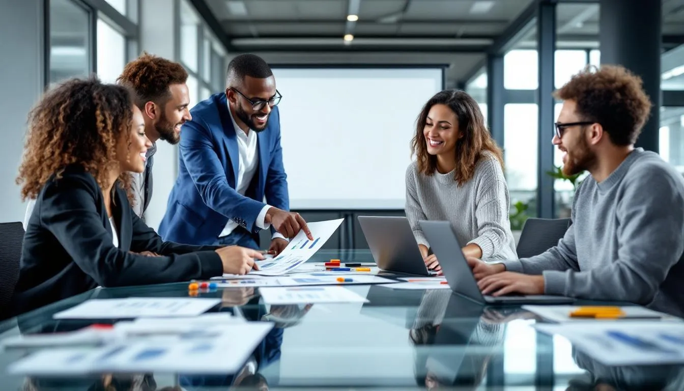 A diverse team of professionals collaborates around a conference table, equipped with laptops and various charts, as they engage in goal setting and tracking progress towards their business objectives. The atmosphere reflects teamwork and strategic planning, highlighting the importance of effective task management and performance tracking for achieving organizational success.