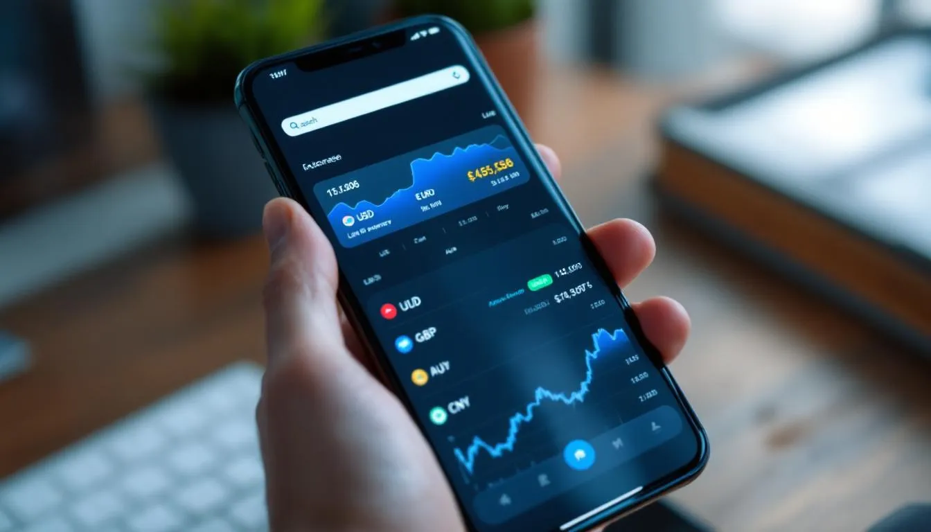 A modern smartphone screen showcases a currency exchange mobile app interface, displaying live exchange rates for various foreign currencies. This user-friendly platform is designed for both retail and institutional clients, facilitating seamless international money transfers and enabling users to stay updated on the dynamic currency exchange market.