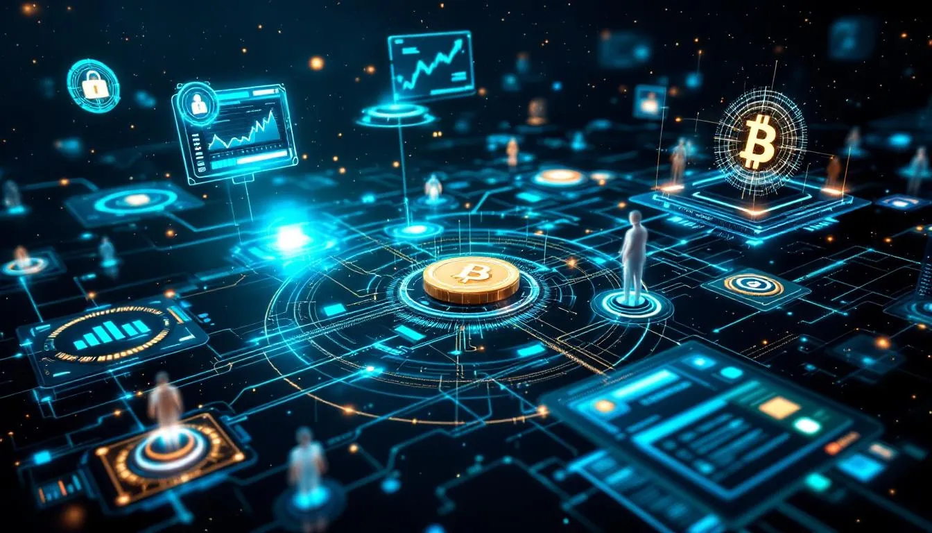 The image depicts a futuristic visualization of digital currencies and blockchain networks, illustrating AI-powered financial systems that facilitate currency exchange services. It highlights the integration of various financial instruments and technologies, showcasing the growth potential of the currency exchange market for both retail and institutional clients.