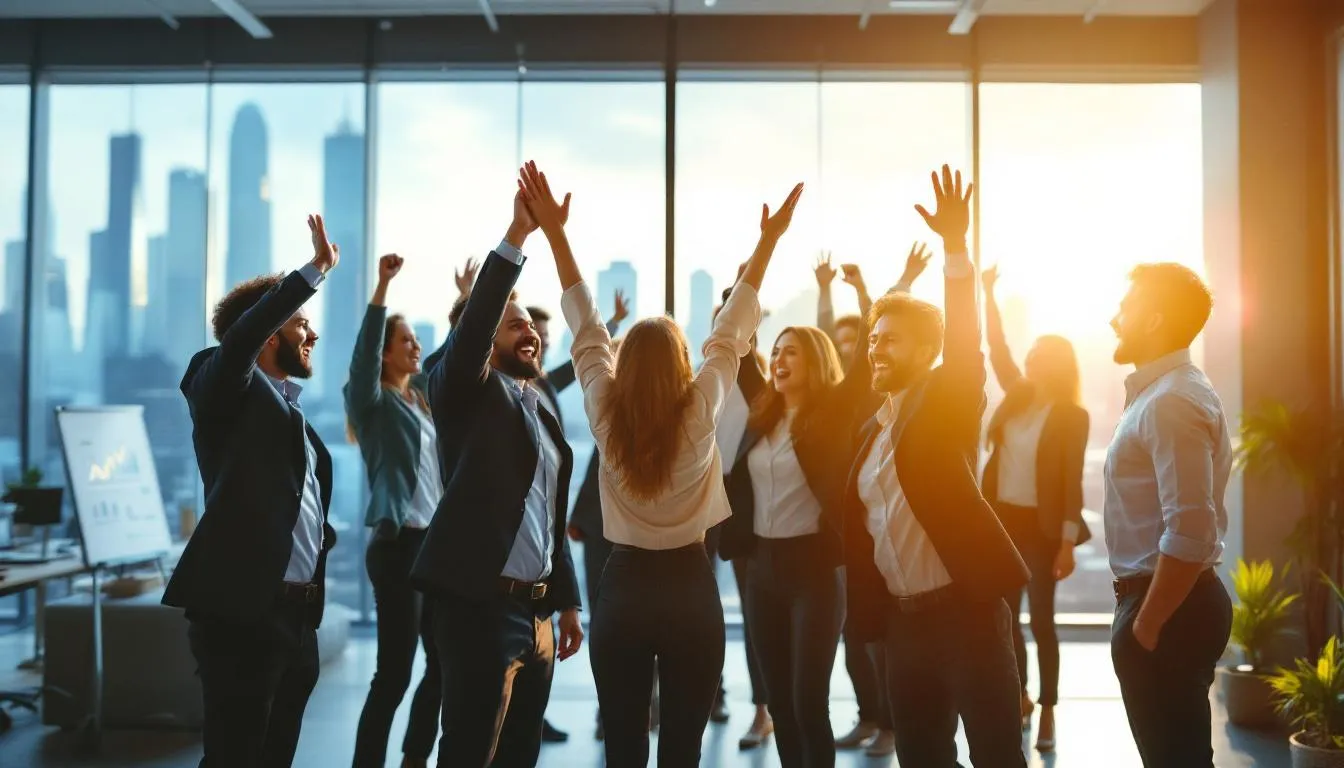 A diverse group of entrepreneurs is joyfully celebrating their success in a modern office, with their hands raised in triumph. This moment reflects the achievement of their crowdfunding campaign, showcasing the potential of crowdfunding platforms to support innovative business ventures and creative projects.