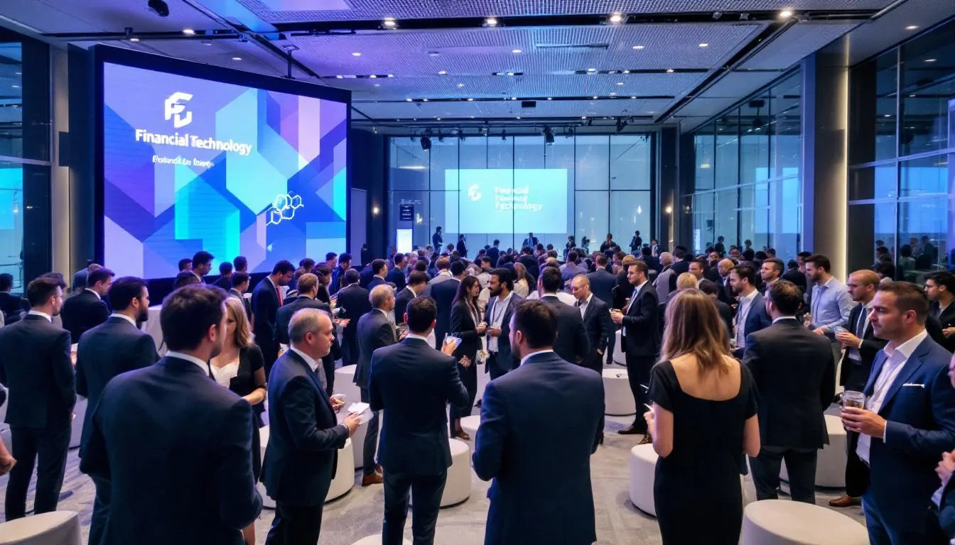 The image depicts a lively networking event featuring financial technology professionals, including wealth management advisors and representatives from wealthtech companies. Attendees engage in discussions about investment strategies, client data, and the latest innovations in the financial services industry, highlighting the importance of collaboration and knowledge sharing in the wealth management sector.