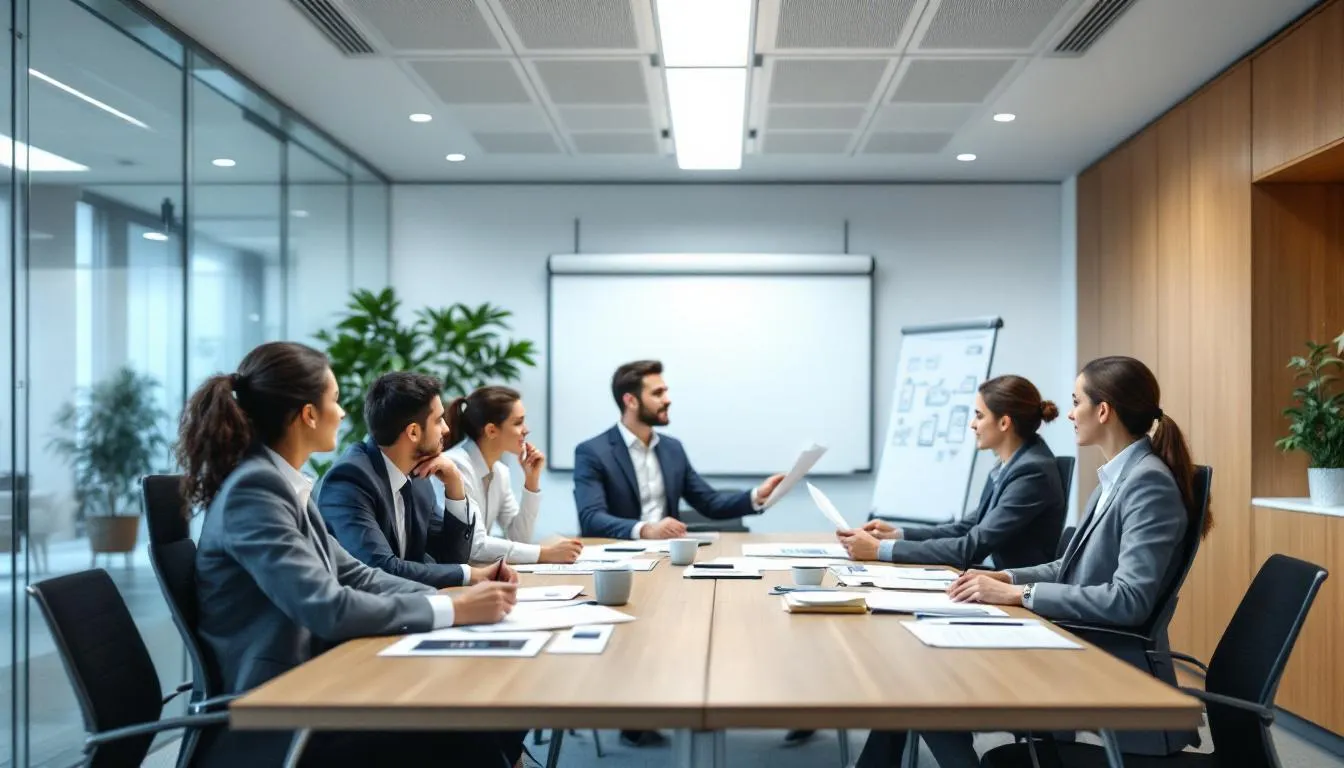 The image depicts a modern office meeting room where professionals are engaged in a discussion about business documents and compliance requirements, likely related to starting a currency exchange business. The atmosphere suggests a focus on regulatory standards and the financial markets, emphasizing the importance of compliance in the currency exchange market.