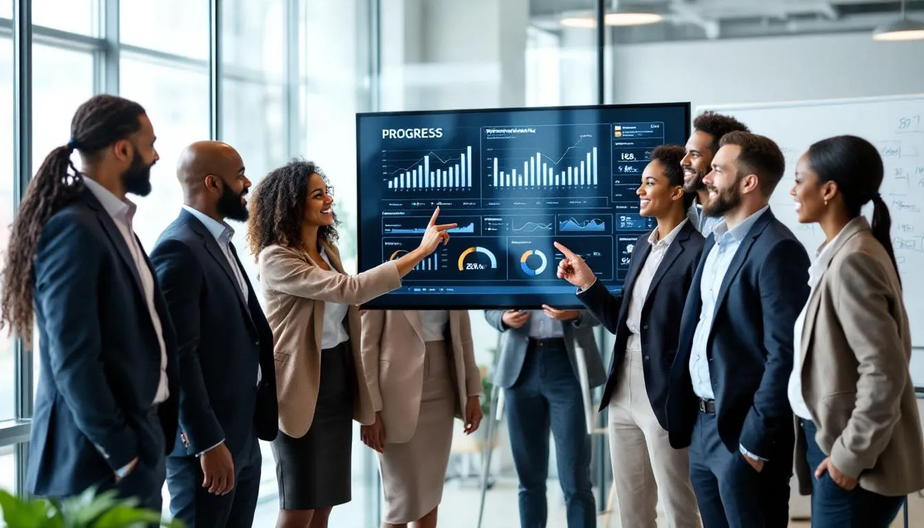 A diverse team is gathered around a table, reviewing progress charts and celebrating their achievements, symbolizing effective goal setting and tracking. The atmosphere is filled with enthusiasm as they discuss the key performance indicators and strategies for monitoring progress towards their organizational success.