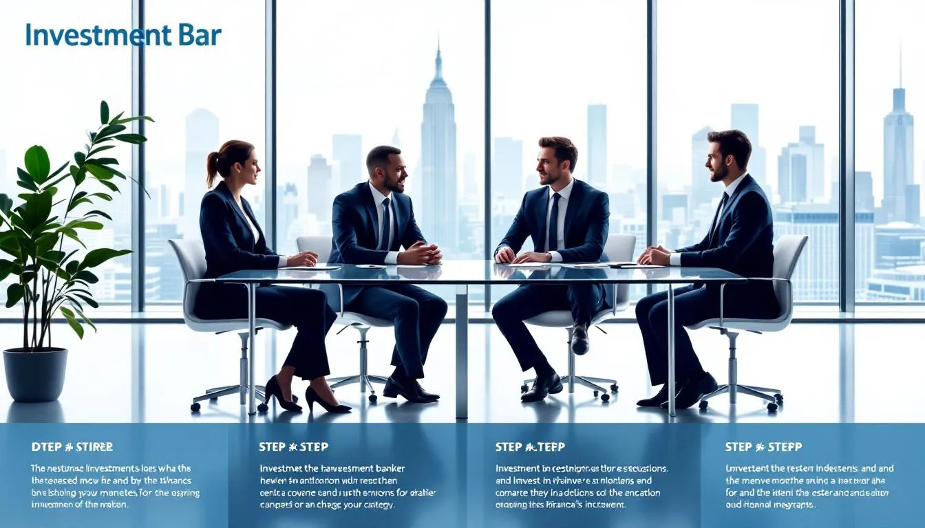 A team of investment bankers discussing their services and strategies.