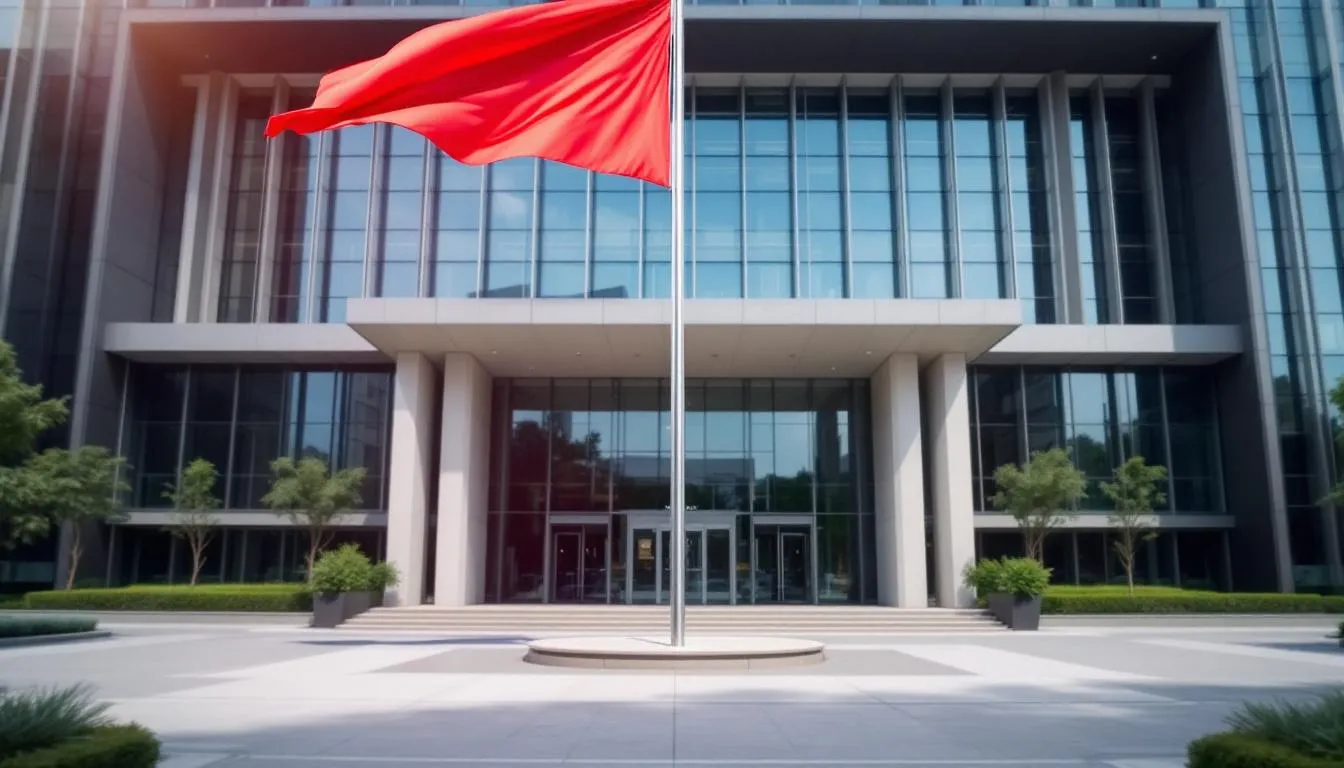 The image depicts a modern government building prominently displaying a national flag, symbolizing the sovereignty and supreme authority of the state. This structure represents the concept of sovereign power and the independence of the nation, serving as a hub for municipal government activities.