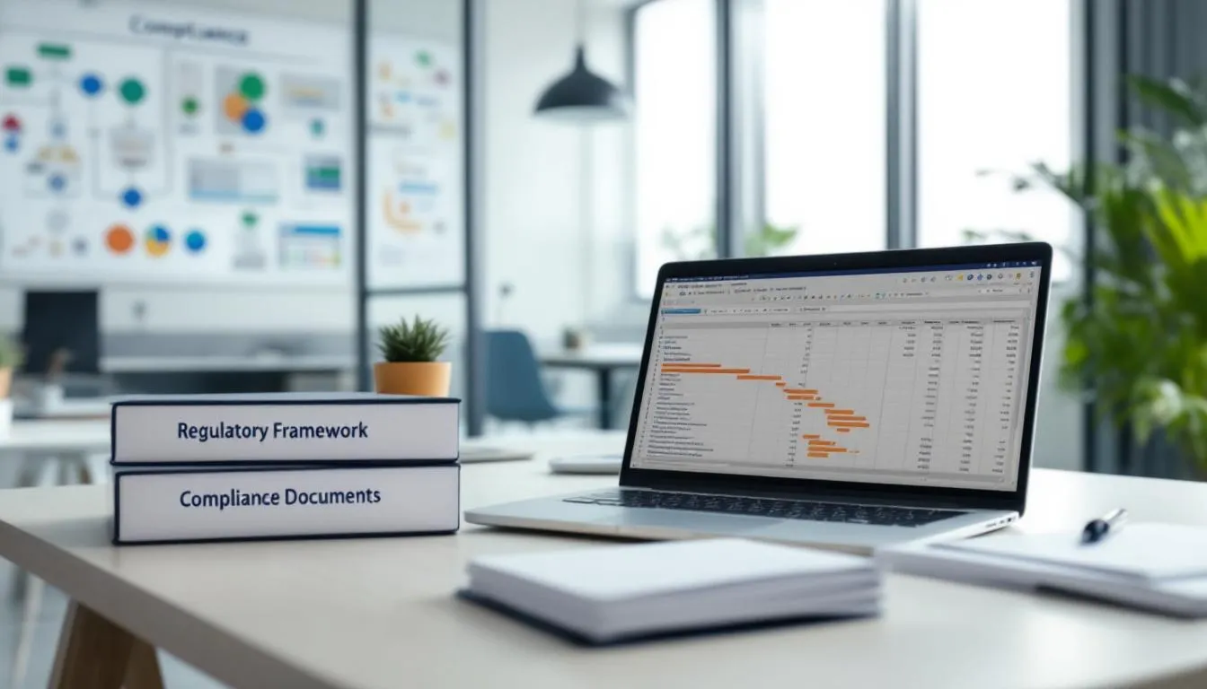 The image depicts a modern office setup featuring compliance documents and regulatory framework charts, essential for forex trading and ensuring adherence to applicable laws. The workspace is organized and equipped with tools for conducting market research and developing effective trading strategies.