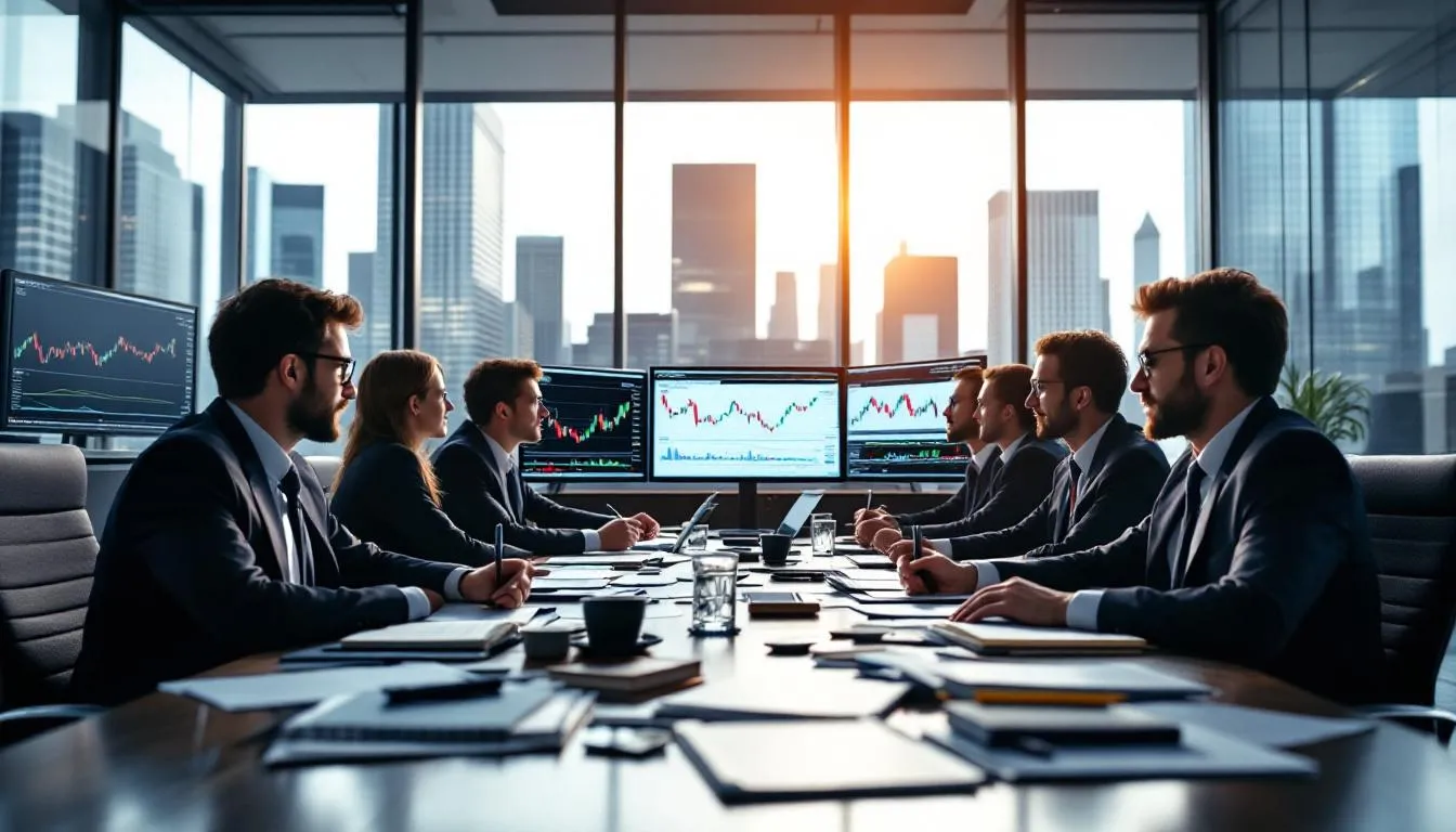 A diverse team of forex traders is collaborating on market analysis, surrounded by large screens displaying charts, trading volumes, and market trends. They are engaged in discussions to develop effective trading strategies for navigating the forex market and enhancing their trading platform's performance.