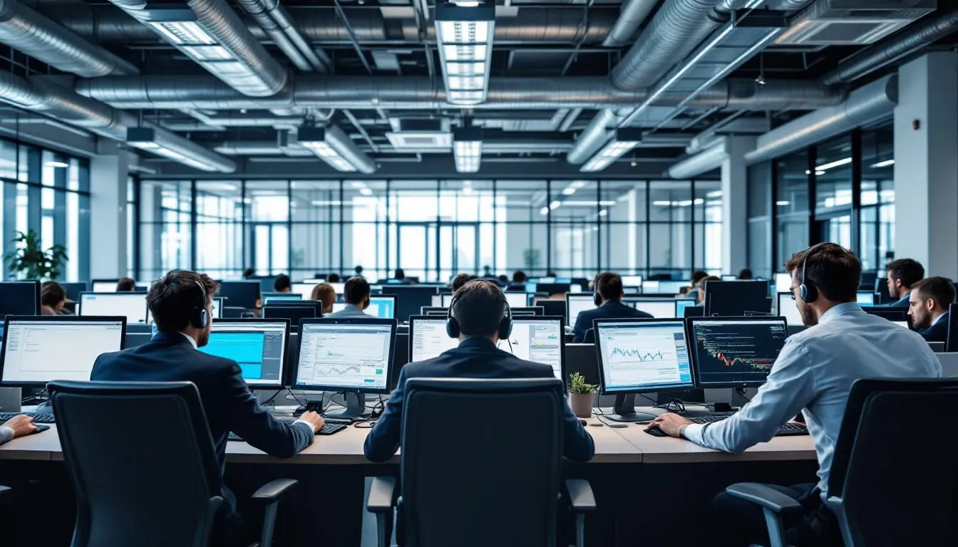 The image depicts professional traders focused on their computer screens in a modern financial trading floor, engaged in forex trading and analyzing market conditions. This dynamic environment is essential for currency exchange businesses, where traders determine exchange rates and facilitate transactions for retail and institutional clients.