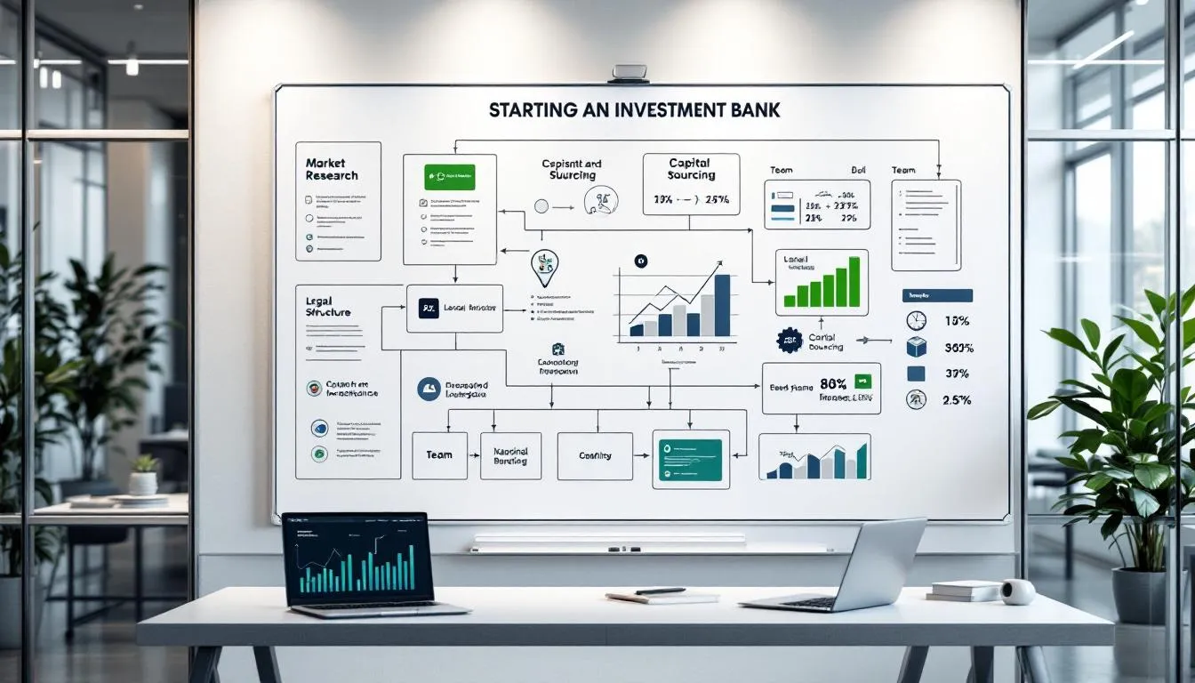 A creative workspace with a whiteboard filled with ideas on how to start an investment bank.