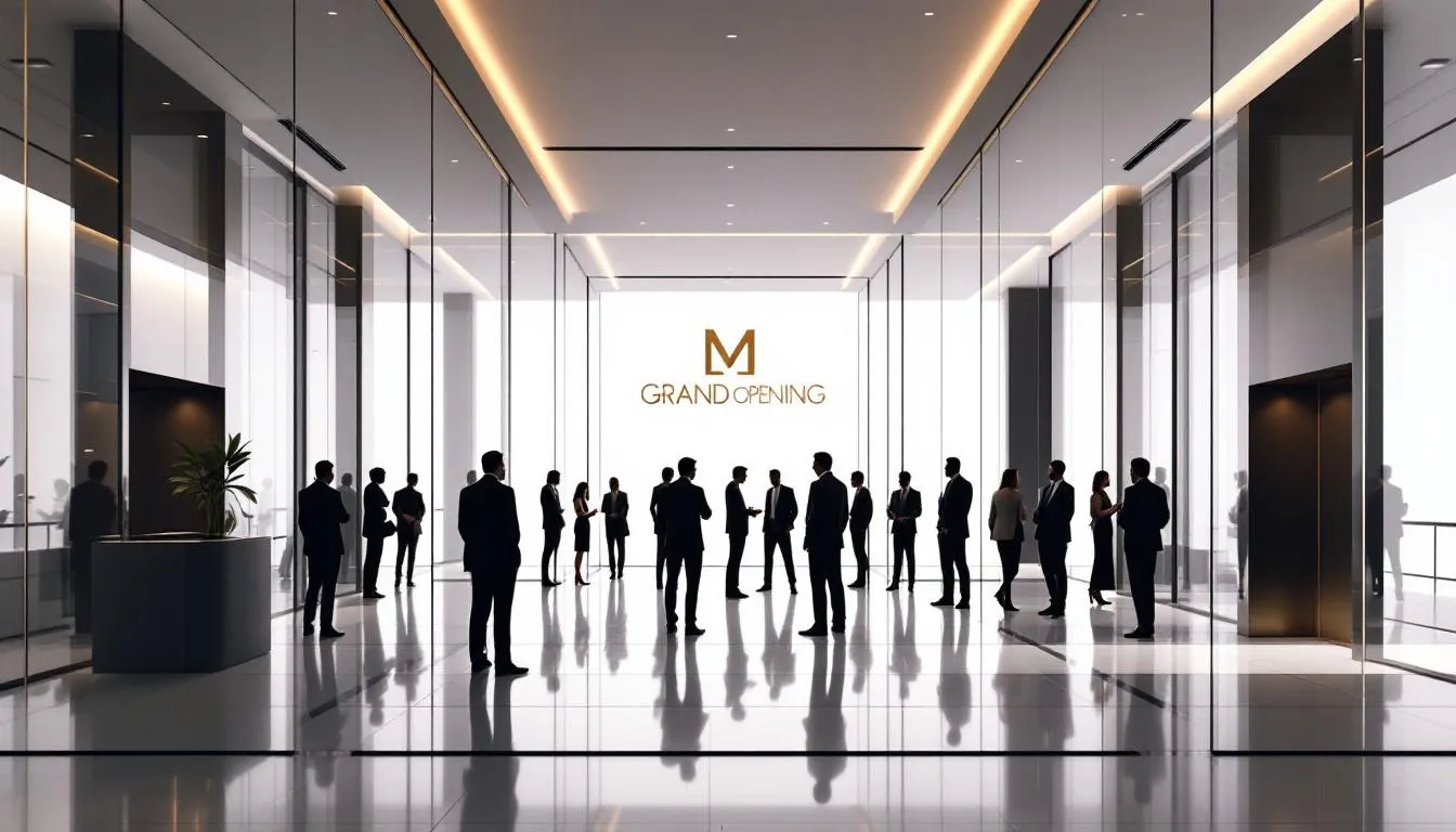 A grand opening event for a new investment bank, welcoming clients and partners.