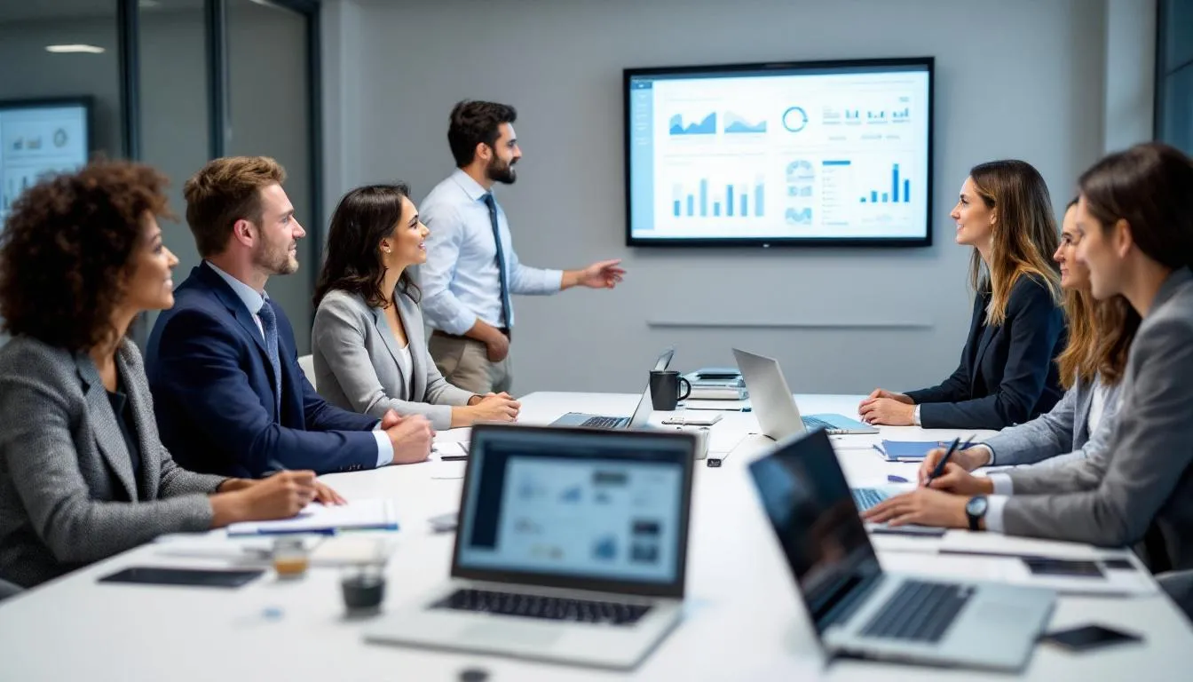 A diverse group of professionals collaborates on goal setting and strategy, utilizing project management software to assign tasks and track progress towards their business goals. They engage in discussions to enhance productivity and monitor key performance indicators, fostering a focused team effort for achieving organizational success.