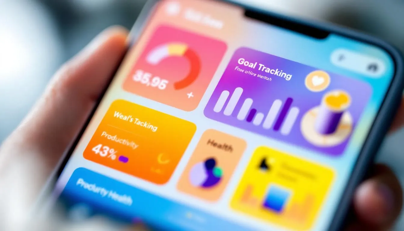 A mobile phone showcases a vibrant goal tracking app interface, featuring colorful progress bars and task management tools designed for setting and tracking goals effectively. This user-friendly interface allows users to monitor progress in real-time, enhancing productivity and supporting organizational success.