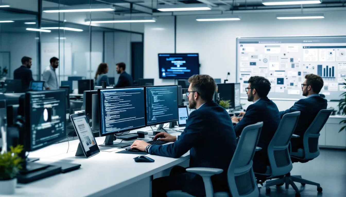 The image depicts a team of software developers collaborating in an office setting, focused on creating secure financial technology systems for wealth management firms. They are discussing client data and investment strategies, highlighting the importance of data security and regulatory compliance in the financial services industry.