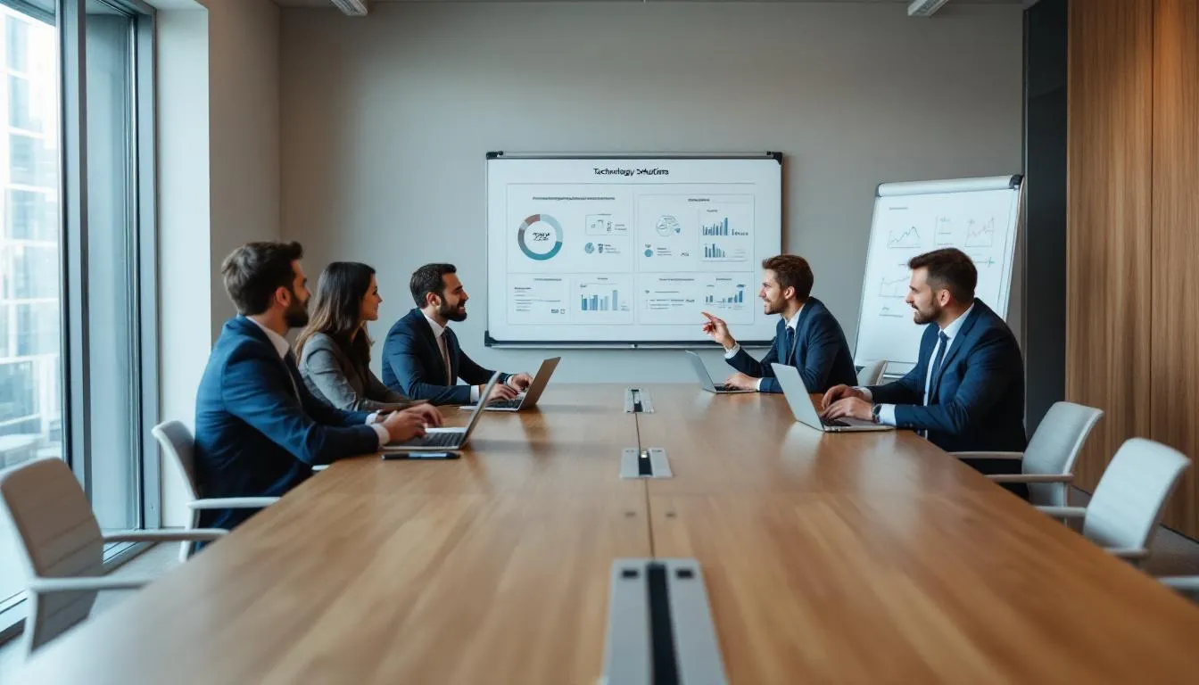 A group of financial professionals is engaged in a meeting, discussing technology solutions that can enhance client interactions and improve efficiency in wealth management firms. They are focused on leveraging financial technology to address regulatory compliance and explore investment opportunities for their clients.