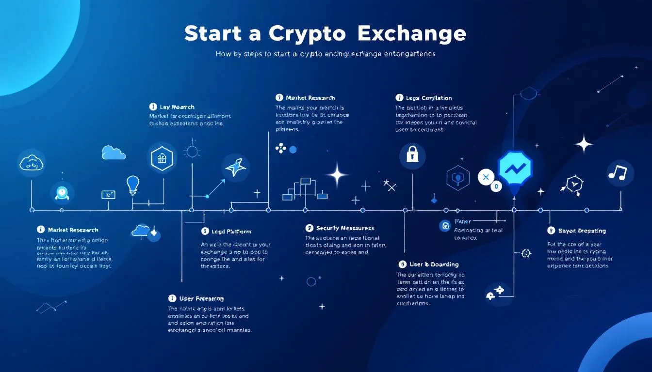 A step-by-step infographic illustrating key steps to start a crypto exchange platform.