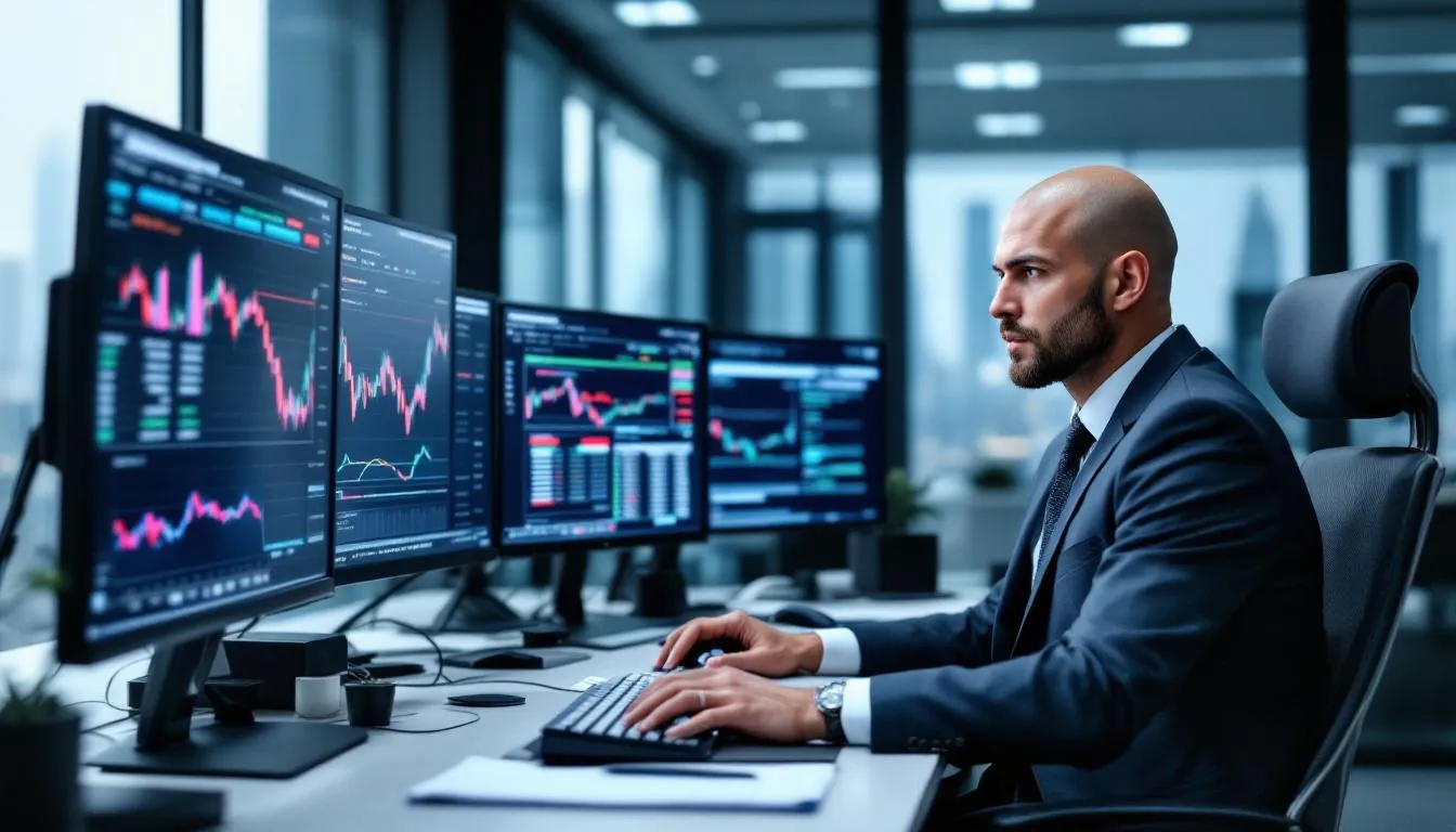 The image shows a professional trader intently analyzing multiple screens filled with forex and cryptocurrency market data, highlighting various trading strategies and market trends. The setup reflects a sophisticated trading platform used for conducting market research and monitoring price movements in both the forex markets and crypto exchanges.