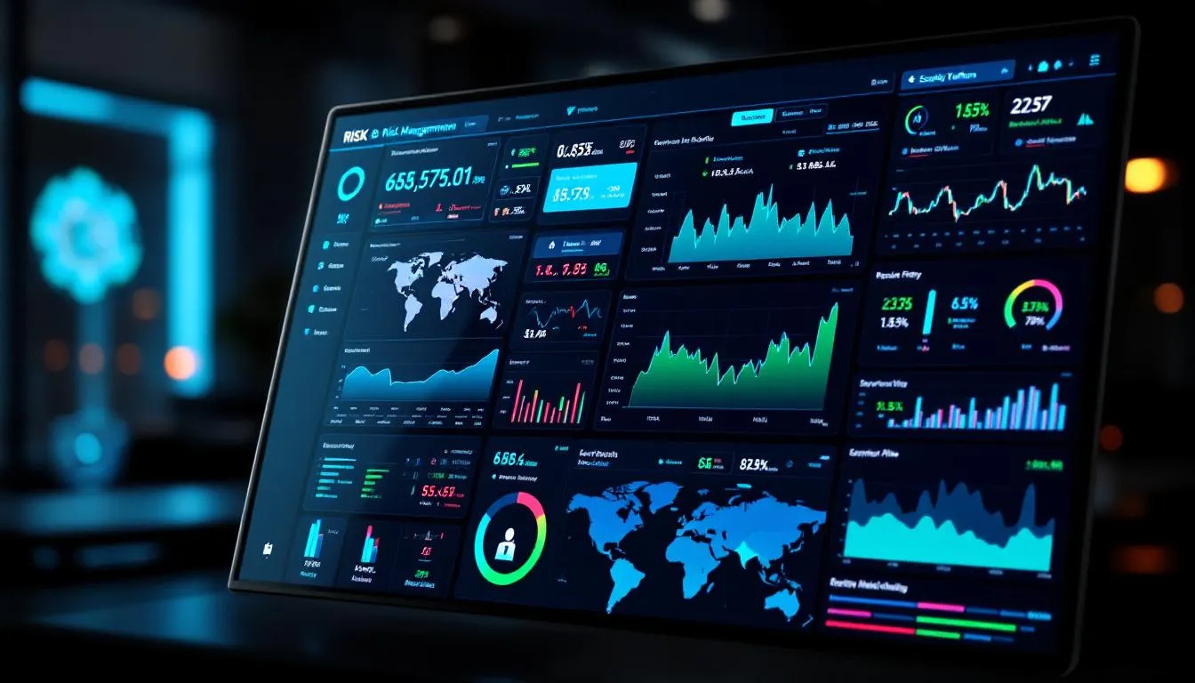 The image depicts a risk management dashboard that features various market indicators and security monitoring tools, essential for forex trading and cryptocurrency exchanges. It showcases real-time data on market volatility, trading volume, and security features, helping traders make informed decisions in the dynamic forex market.