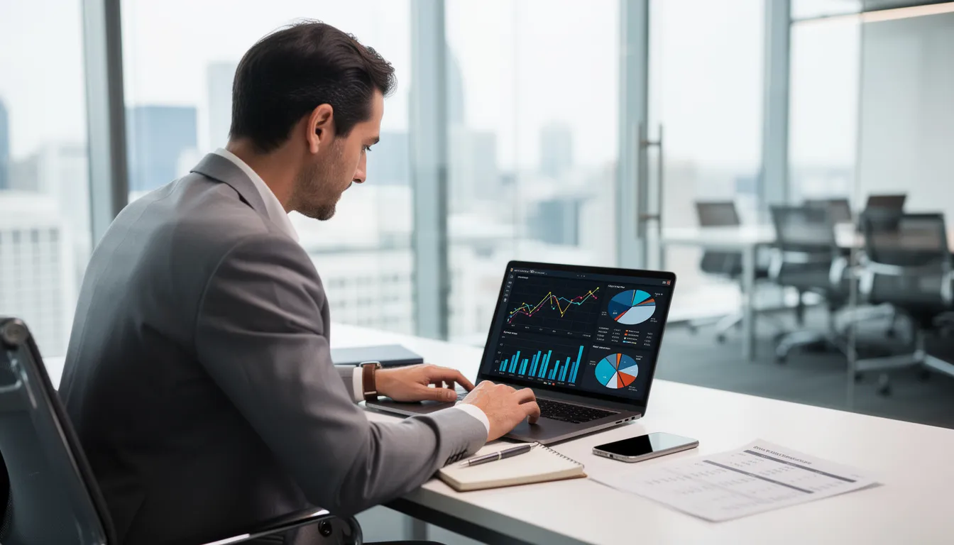 Un profesional de las finanzas está sentado en una moderna mesa de oficina, revisando atentamente los datos de su cartera en un ordenador portátil. El escenario hace hincapié en un entorno seguro para la comunicación con los clientes, destacando la importancia de proteger la información confidencial y garantizar la seguridad de los datos mediante portales seguros para los clientes.