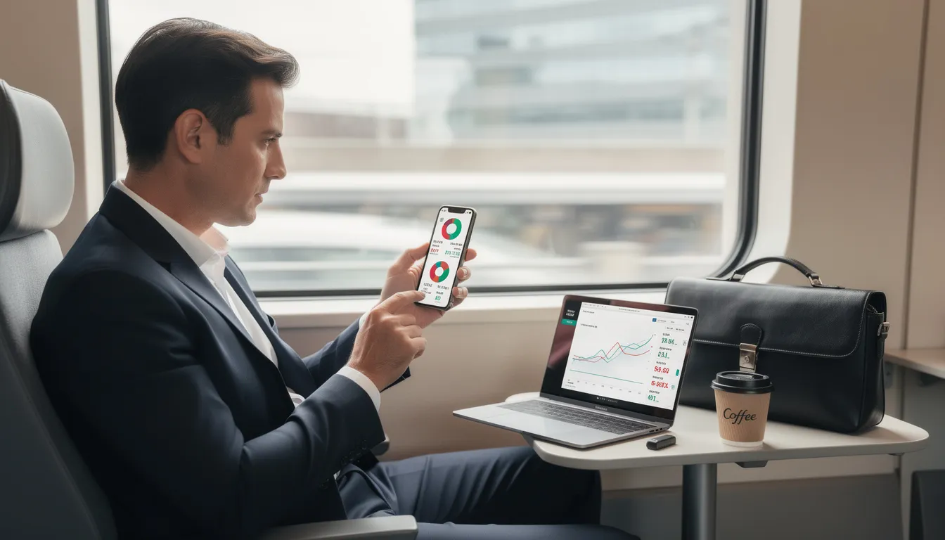 Un profesional de los negocios utiliza un smartphone para revisar datos financieros confidenciales mientras viaja, lo que demuestra la importancia de los portales de clientes seguros para proteger la información confidencial. Esta escena pone de relieve la necesidad de una comunicación segura y de eficiencia operativa en las relaciones con los clientes, garantizando que solo los usuarios autorizados puedan acceder a los documentos confidenciales.