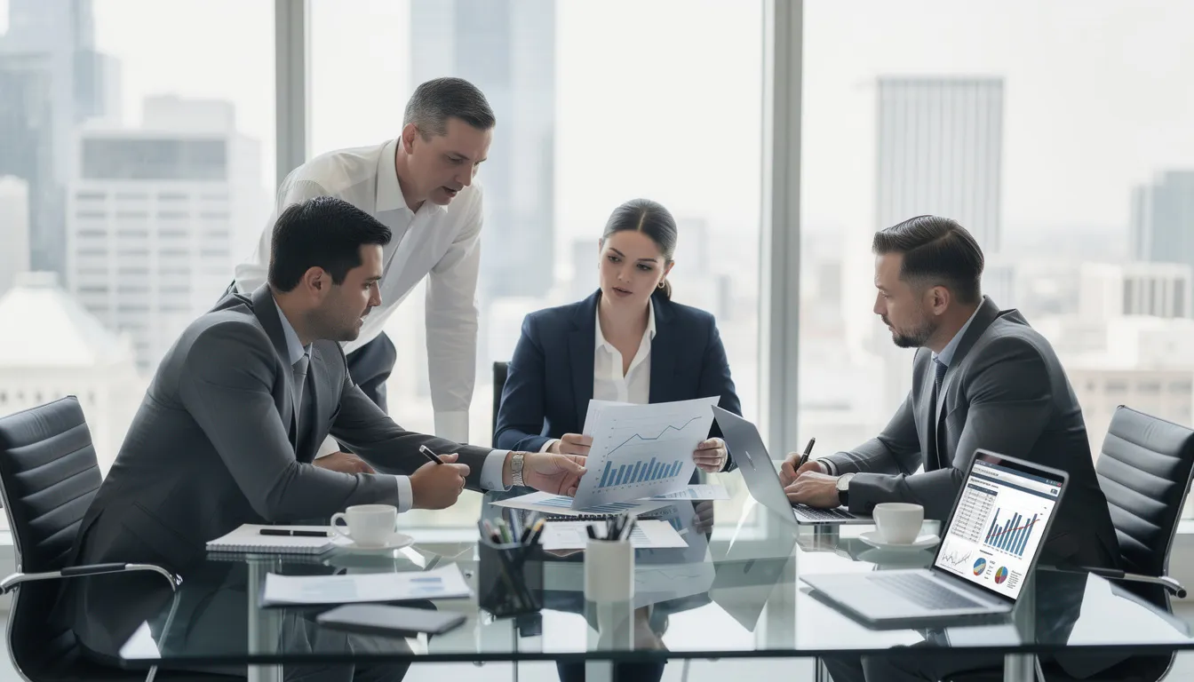 Un equipo de asesores financieros colabora en torno a una mesa de conferencias, cada uno con su portátil, para mejorar la relación con los clientes y la eficiencia operativa. Se centran en estrategias seguras de comunicación y protección de datos para salvaguardar la información confidencial y reforzar las relaciones con los clientes.