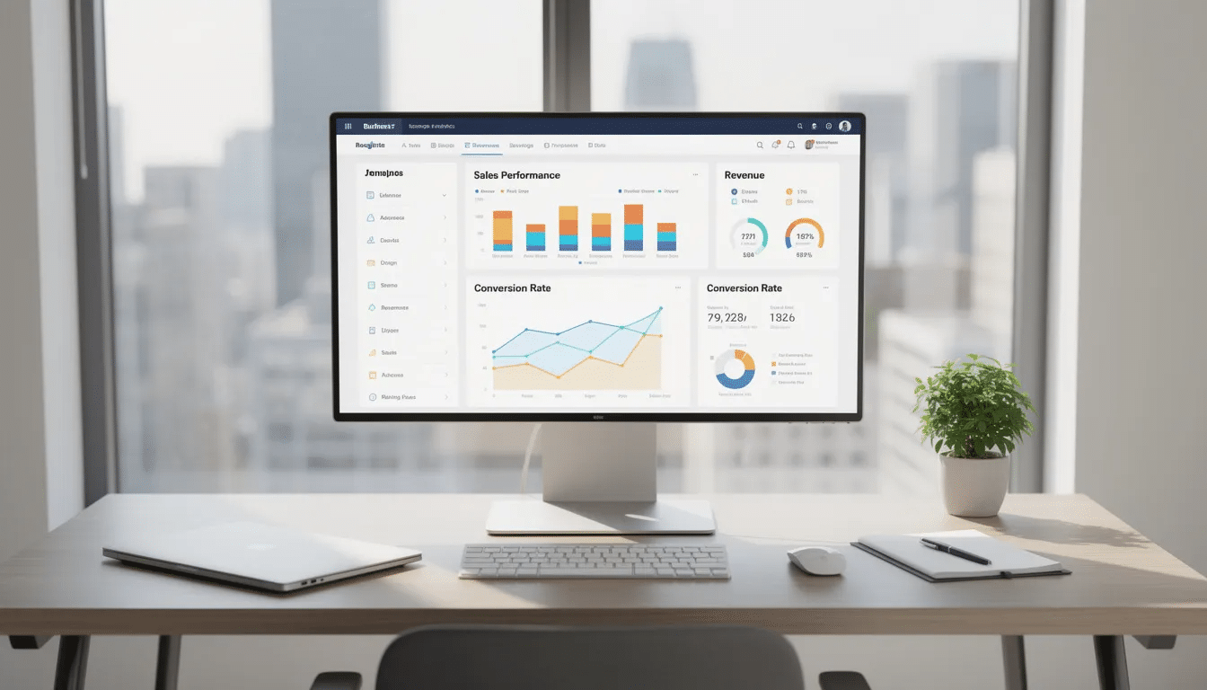 La imagen muestra un moderno espacio de trabajo en una oficina con un gran monitor que muestra un completo panel de control empresarial, en el que se destacan las métricas clave para los asesores financieros. Esta configuración está diseñada para agilizar los procesos, mejorar la comunicación con los clientes y facilitar la gestión de los datos de los clientes, lo que en última instancia permite a las empresas fomentar relaciones más sólidas con los clientes y mejorar su satisfacción.