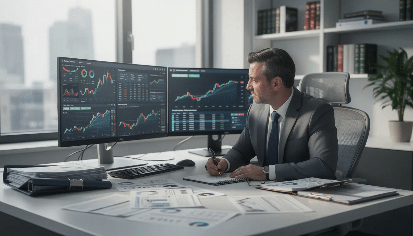 La imagen muestra a un asesor financiero sentado en un escritorio desordenado, rodeado de pilas de papeles y varias pantallas de ordenador que muestran datos diversos. Esta escena pone de relieve el ajetreado entorno del asesoramiento financiero, en el que la gestión de los datos de los clientes y el mantenimiento de las relaciones con ellos suelen conllevar tareas administrativas que requieren mucho tiempo.