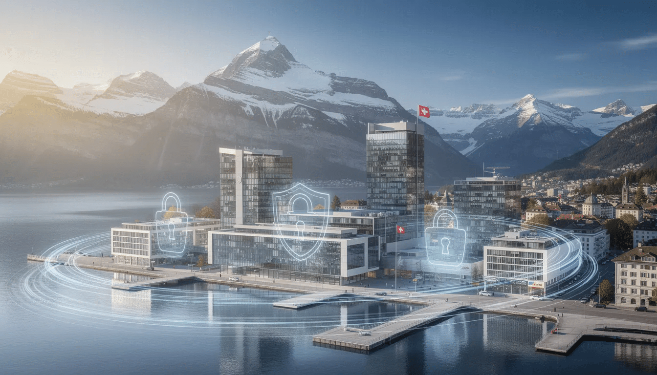Das Bild zeigt die atemberaubenden Schweizer Alpen, die sich über eine moderne Stadt erheben, und symbolisiert die Schweizer Datensouveränität und das Vertrauen in die Vermögensverwaltungsbranche. Diese Gegenüberstellung verdeutlicht, wie wichtig der Schutz sensibler Kundendaten und die Gewährleistung der Sicherheit von Finanzdaten vor den sich entwickelnden Cyber-Bedrohungen ist.