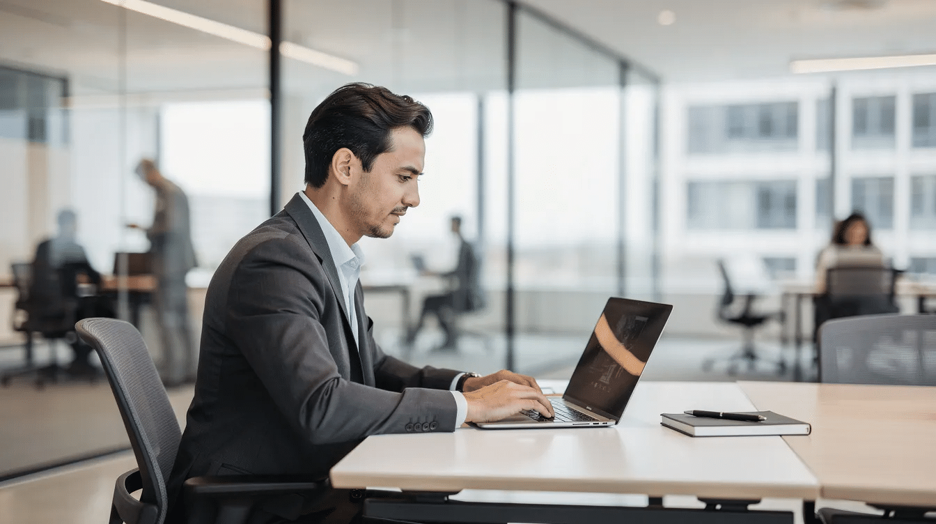 A professional is seated at a sleek desk in a modern office, focused on their laptop, which displays a digital onboarding platform for new customers in banking. The environment suggests a commitment to effective customer onboarding, utilizing digital tools to enhance customer experience and streamline the onboarding process.