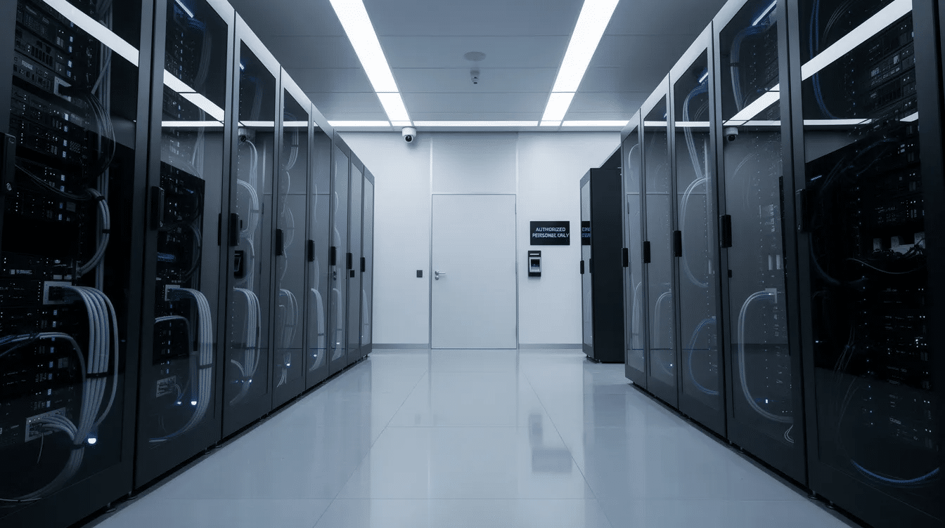 The image depicts a secure modern data centre filled with rows of server racks, symbolizing the backbone of customer relationship management systems. This high-tech environment is essential for storing customer data and ensuring efficient business processes, which ultimately enhance customer satisfaction and engagement.