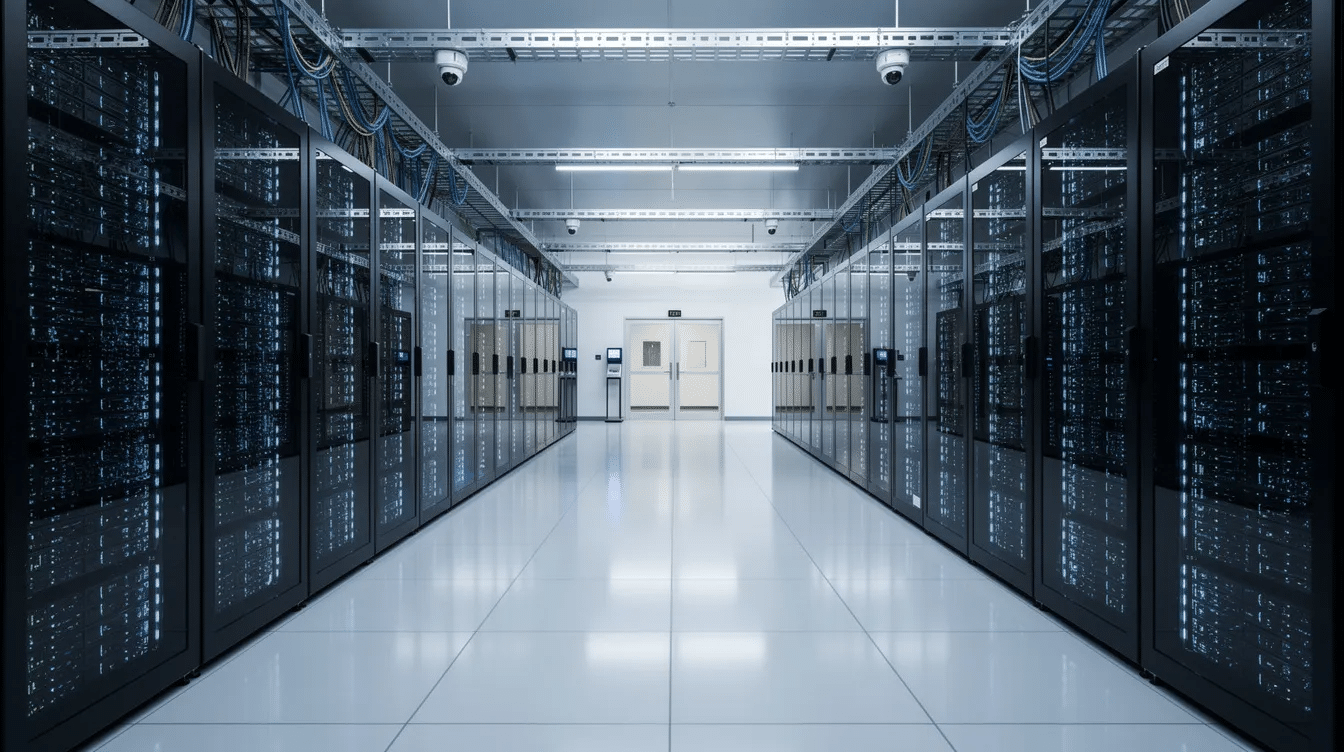 The image depicts a secure modern data center filled with rows of servers, highlighting the technological advancements essential for managing client onboarding processes in private banking. This environment supports operational efficiency and enhances client experience, ensuring compliance and risk assessment for financial institutions.