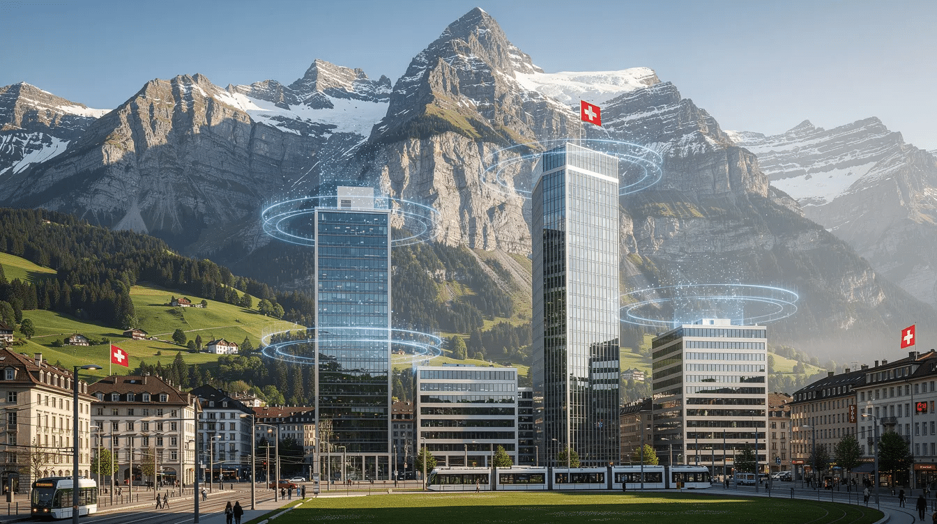 De afbeelding toont een prachtig Zwitsers berglandschap met een moderne stad op de voorgrond, die de Zwitserse gegevenssoevereiniteit symboliseert. Deze juxtapositie benadrukt de naadloze integratie van geavanceerde software voor leadbeheer en routing in een schilderachtige natuurlijke omgeving.