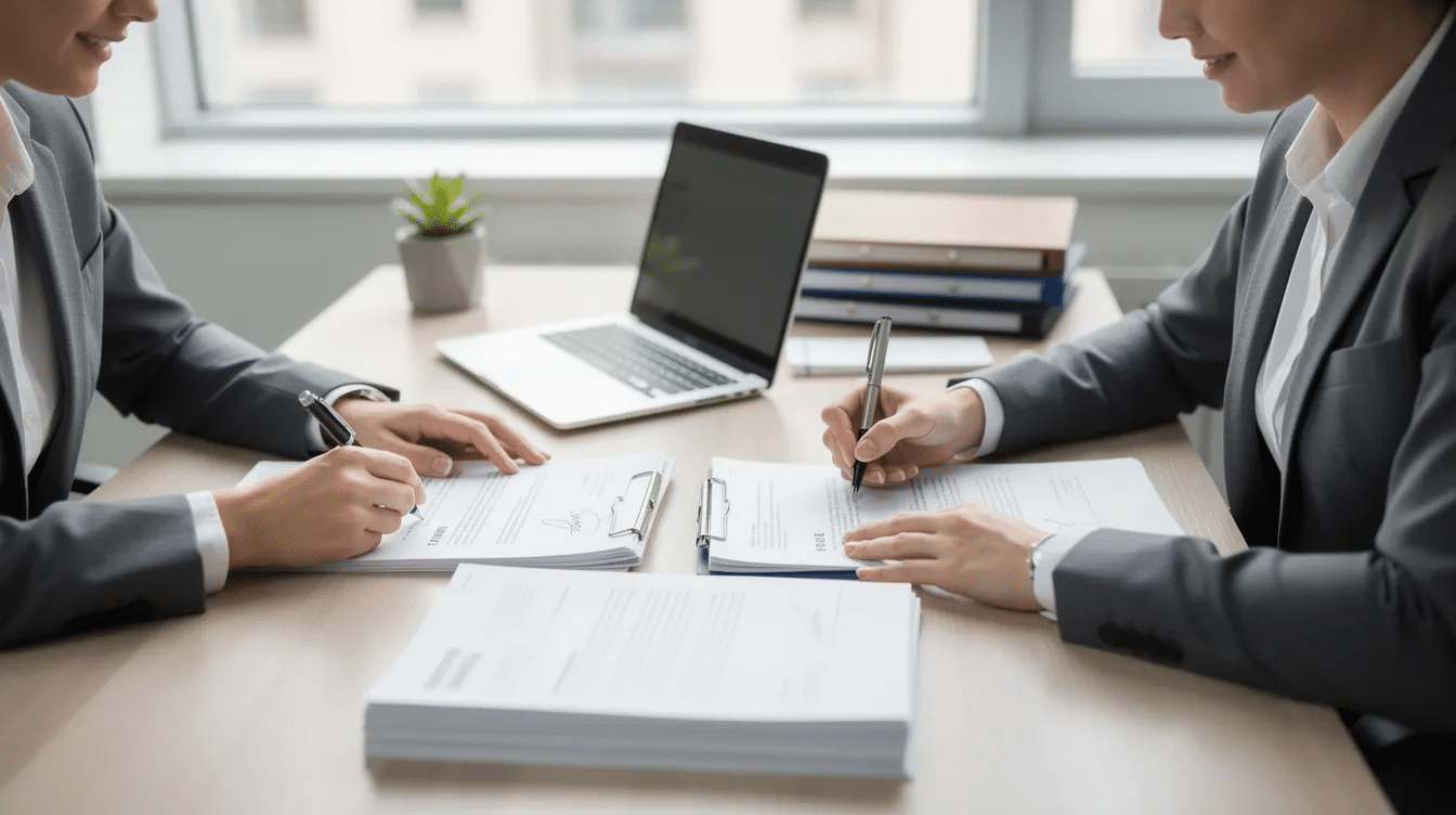 The image shows two individuals seated at a desk, reviewing and signing legal documents, likely related to financial matters or power of attorney. The atmosphere is focused, indicating the importance of the attorney documents they are handling, which may include managing bank accounts or making healthcare decisions on behalf of a family member.
