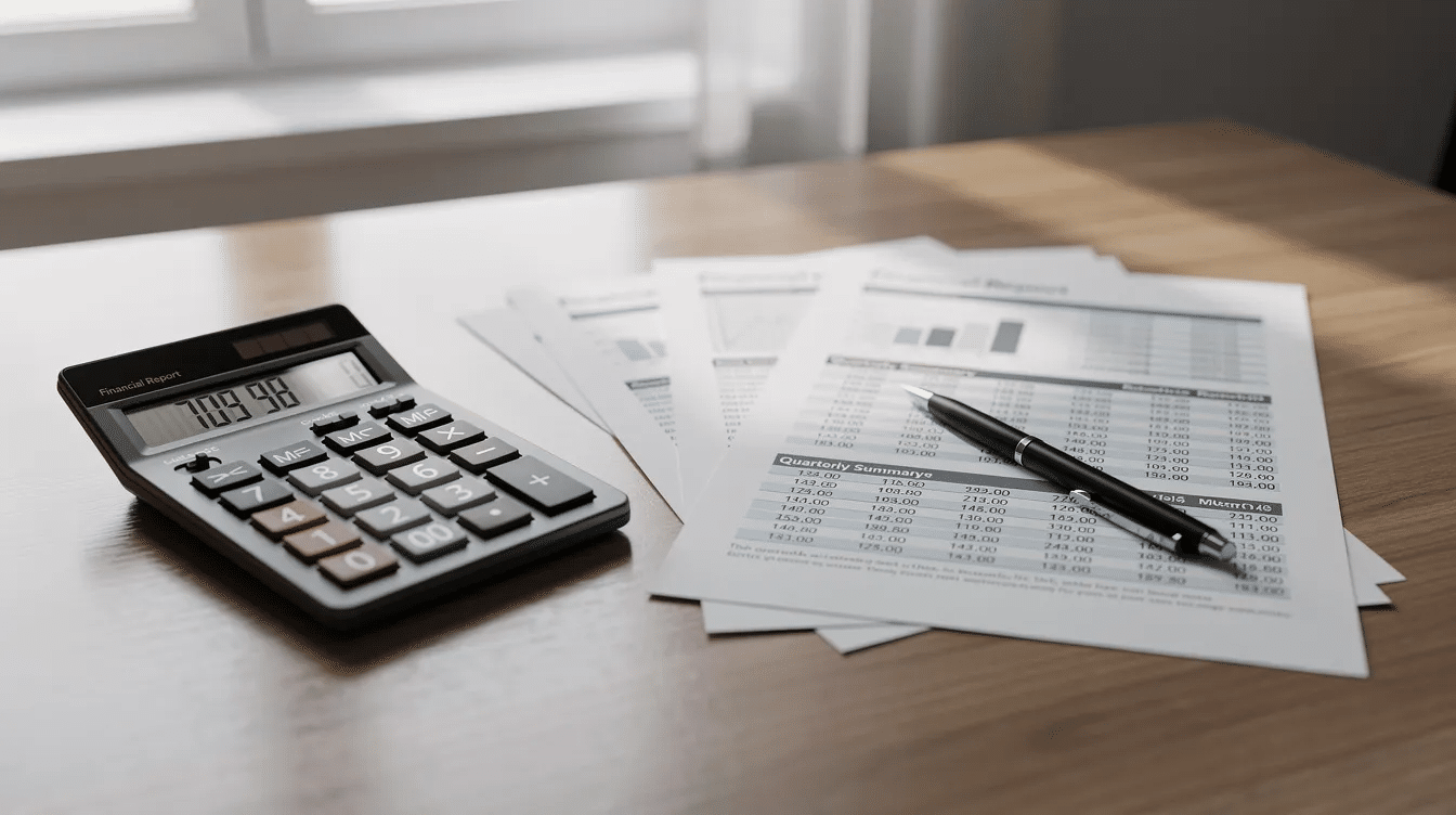 L'immagine presenta una calcolatrice moderna posta accanto a vari documenti finanziari su una scrivania, a simboleggiare gli strumenti utilizzati per calcolare la variazione percentuale e ottenere preziose informazioni dai valori iniziali e finali nell'analisi finanziaria. La scena suggerisce uno spazio di lavoro incentrato sul prendere decisioni informate in merito a budget, investimenti o strategie di marketing.