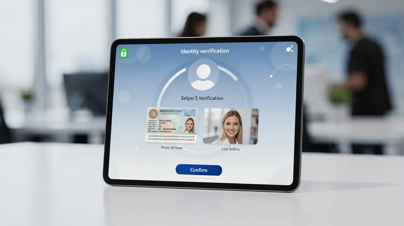 The image shows a digital tablet displaying a secure identity verification process, highlighting essential steps in customer due diligence (CDD) for financial institutions. It emphasizes the importance of verifying a customer's identity to assess their risk profile and ensure compliance with regulatory requirements, ultimately aimed at preventing financial crime and protecting organizations.