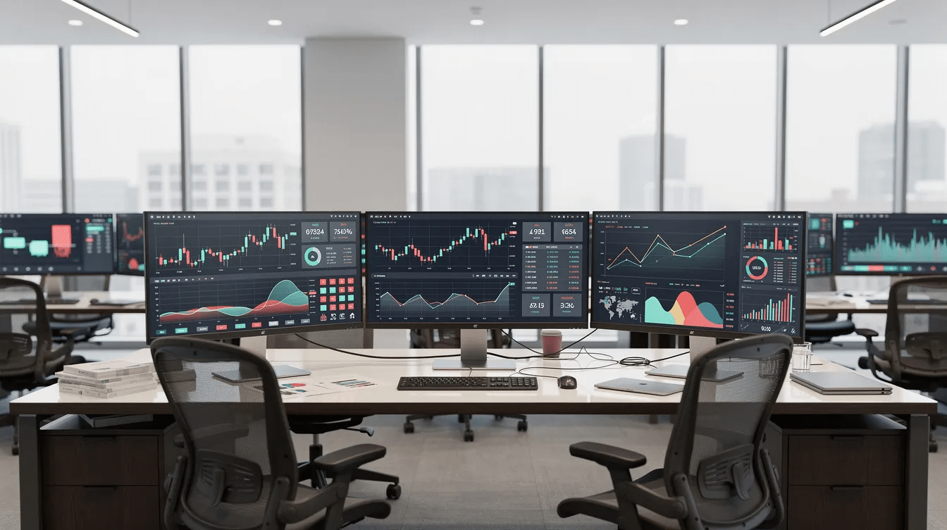 L'immagine raffigura un ambiente d'ufficio professionale con numerosi schermi di computer, ognuno dei quali visualizza diverse dashboard finanziarie che presentano dati come prezzi delle azioni e variazioni percentuali. Questa configurazione è progettata per aiutare i professionisti a ottenere preziose informazioni e a prendere decisioni informate basate sui valori iniziali e finali presentati.
