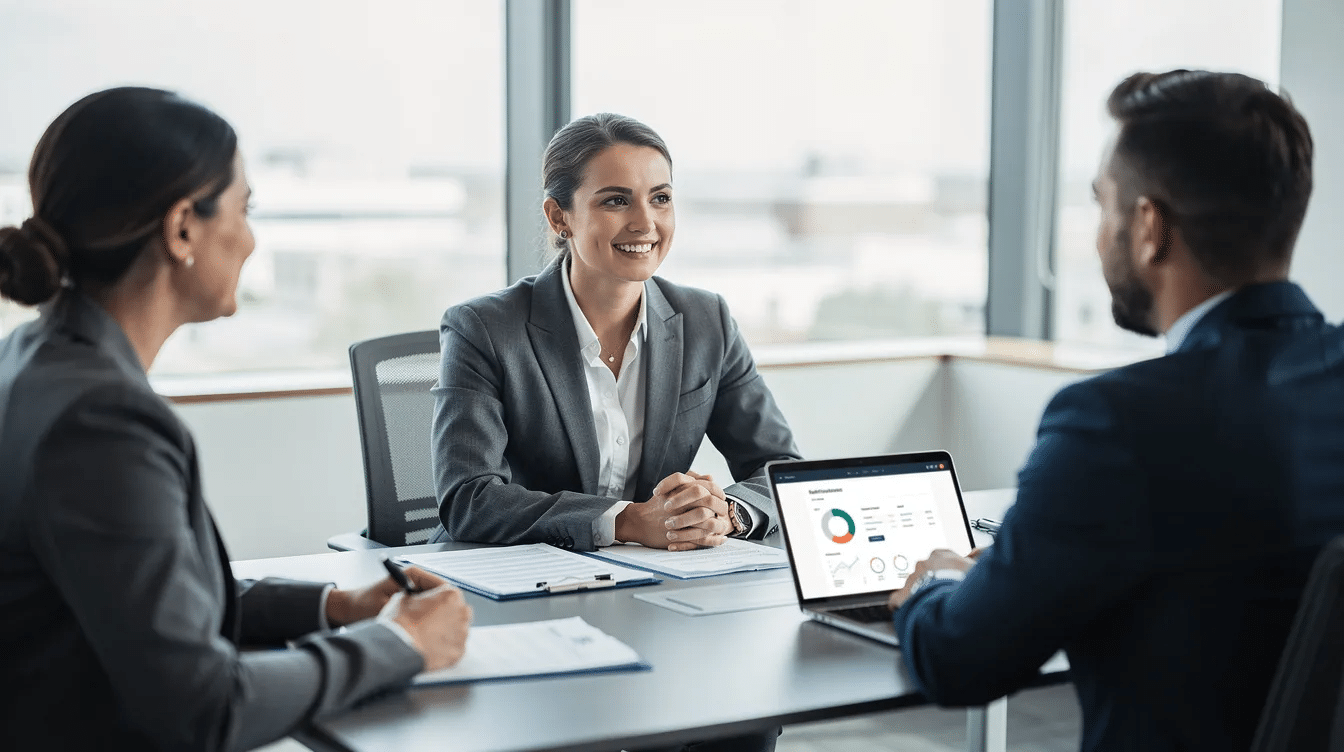 The image shows a professional in business attire engaging with customers at a desk, likely discussing automotive finance products and finalizing financial transactions. The setting suggests a dealership environment, where strong communication skills and relationship-building are essential for a finance manager.
