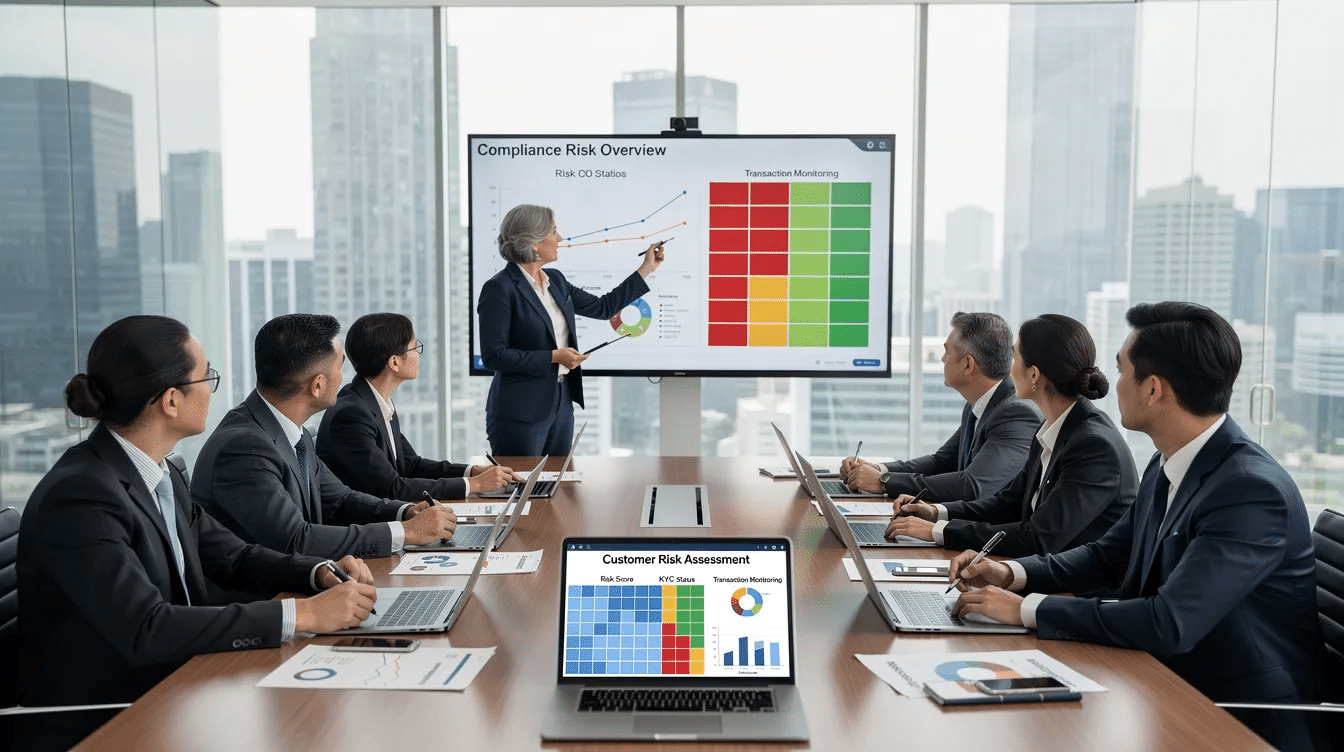 A business meeting is taking place with a compliance team discussing customer risk assessment, focusing on customer due diligence (CDD) processes and the importance of identifying high-risk customers to prevent financial crime. The team is engaged in a dialogue about maintaining accurate records and ensuring regulatory compliance for financial institutions.
