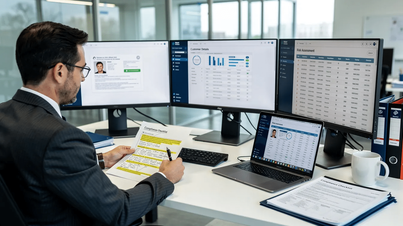 A professional compliance officer is intently reviewing customer documents displayed across multiple screens, focusing on customer due diligence (CDD) processes. This diligent examination is crucial for assessing the customer's risk profile and ensuring regulatory compliance to prevent financial crime and money laundering.