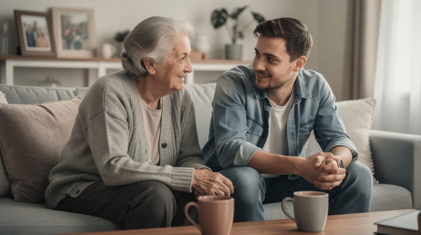 An elderly person and a younger family member are engaged in a warm conversation at home, discussing important topics such as financial matters and legal documents, including the power of attorney. The scene reflects a supportive environment where they are likely addressing health care decisions and managing bank accounts together.
