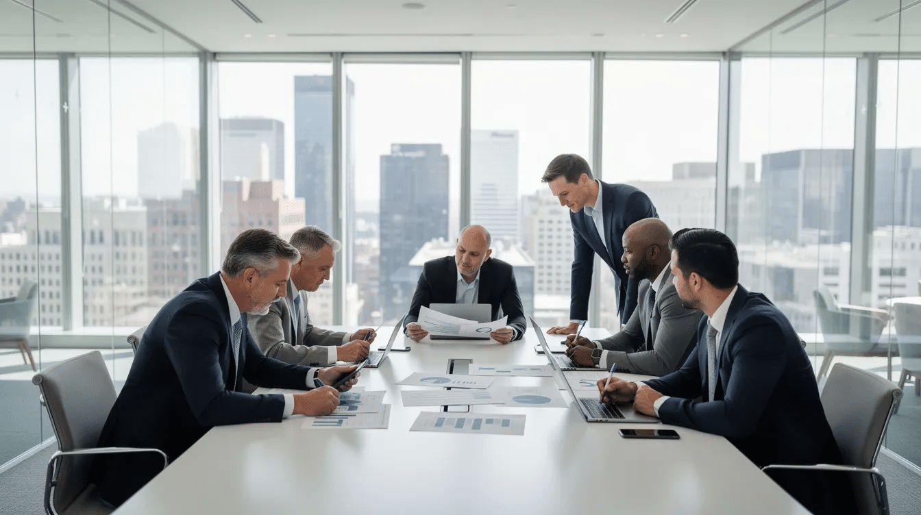 The image depicts a group of professionals in a modern office, intently reviewing documents, likely related to financial transactions and risk assessment for politically exposed persons (PEPs). Their focus suggests they may be evaluating the potential risks associated with money laundering and compliance with anti-money laundering regulations.